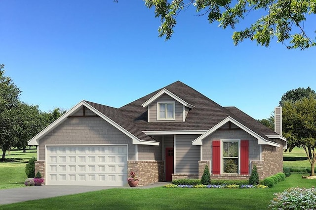 craftsman inspired home with a garage and a front yard