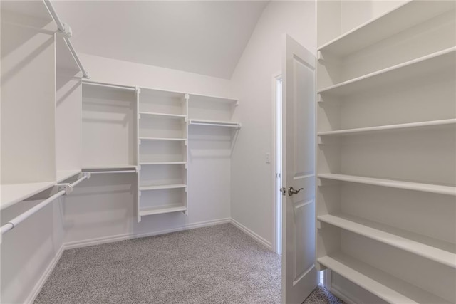 walk in closet featuring carpet flooring and lofted ceiling