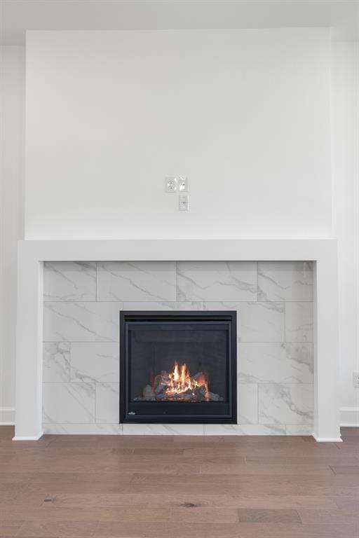 room details featuring a high end fireplace and wood-type flooring