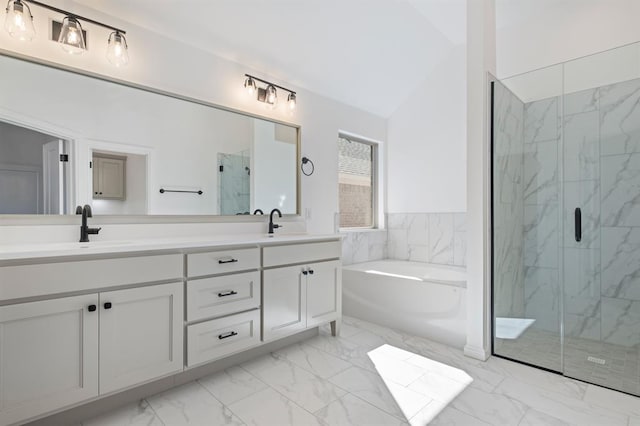 bathroom featuring vanity, plus walk in shower, and lofted ceiling