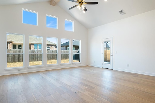 unfurnished living room featuring ceiling fan, beamed ceiling, high vaulted ceiling, and light hardwood / wood-style floors