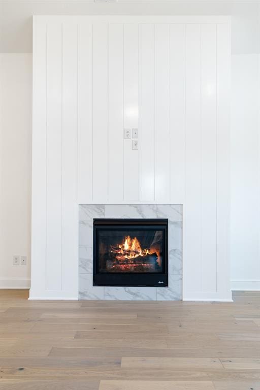 details featuring a high end fireplace and hardwood / wood-style flooring