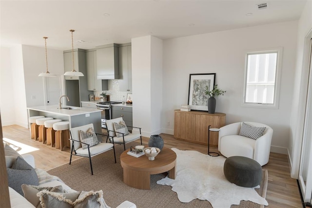 living room with light hardwood / wood-style floors and sink