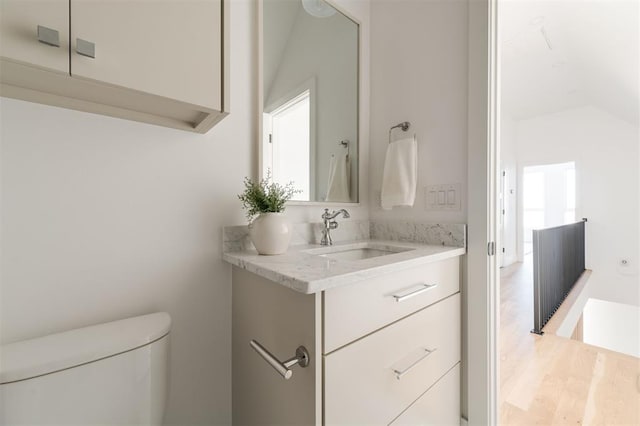 bathroom featuring hardwood / wood-style floors, vanity, and toilet