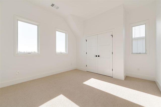 additional living space with light colored carpet, plenty of natural light, and lofted ceiling