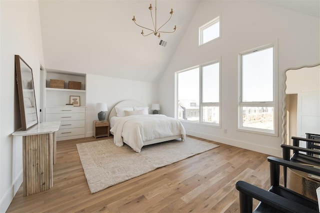 bedroom with light hardwood / wood-style floors, high vaulted ceiling, and multiple windows