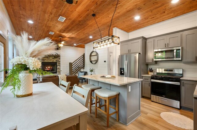 kitchen featuring open floor plan, appliances with stainless steel finishes, wooden ceiling, and gray cabinets