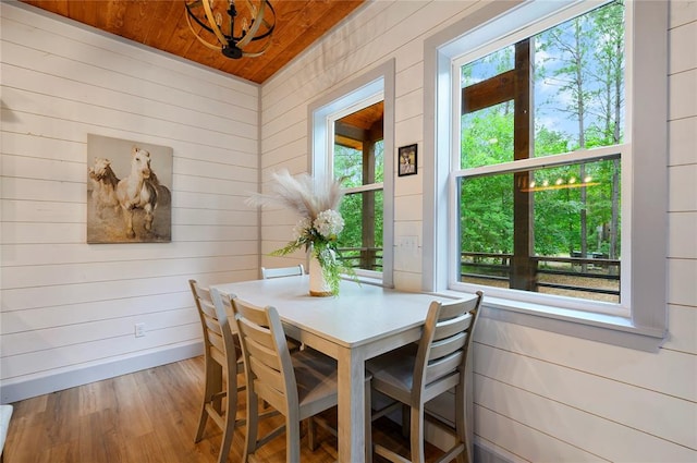 dining room featuring wood ceiling, wood walls, and wood finished floors