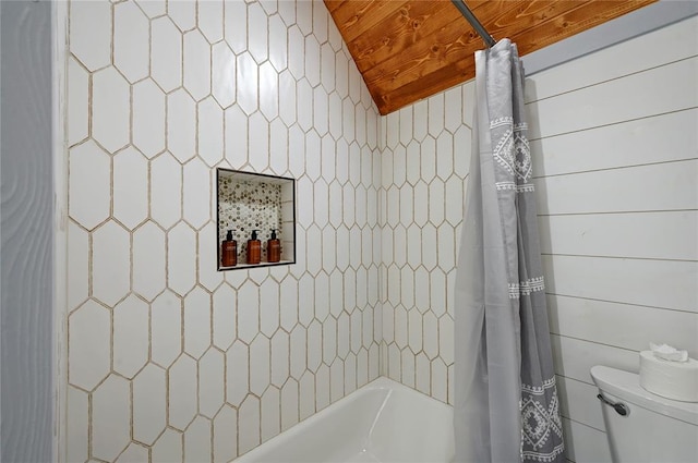 bathroom featuring vaulted ceiling, wood walls, wood ceiling, and shower / tub combo