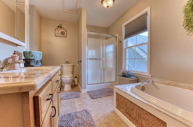 full bathroom with vanity, toilet, and independent shower and bath