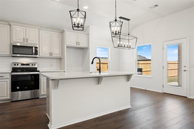 kitchen with stainless steel appliances, white cabinetry, and a center island with sink