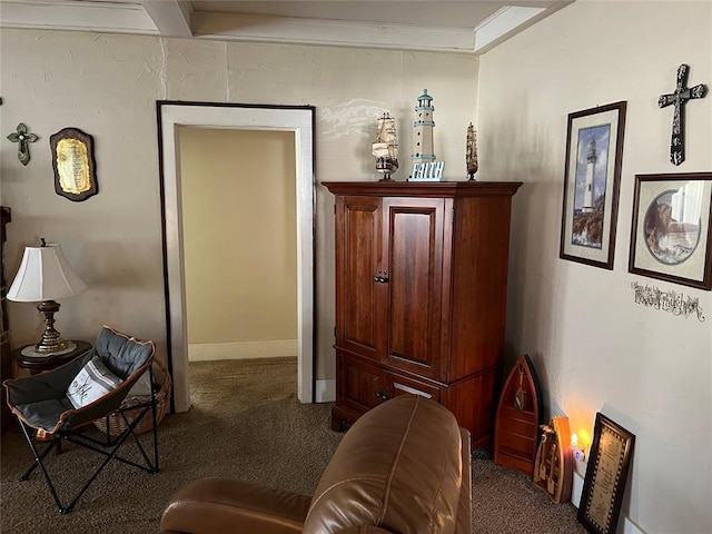 sitting room with crown molding and carpet floors