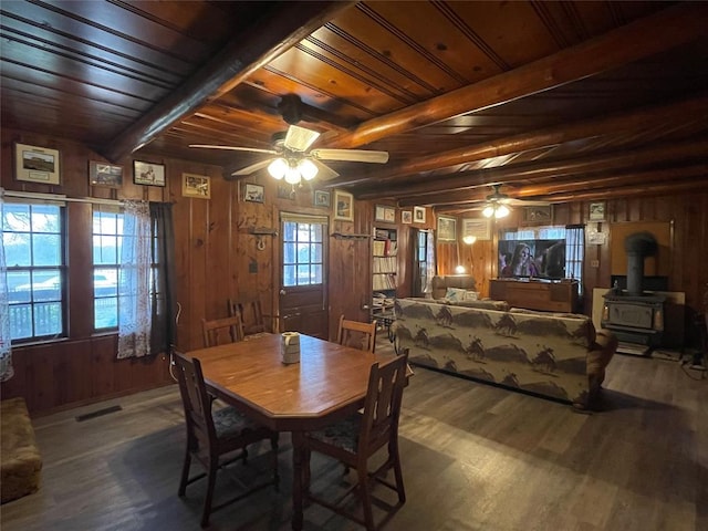 dining room with wooden ceiling, beamed ceiling, hardwood / wood-style floors, a wood stove, and wood walls