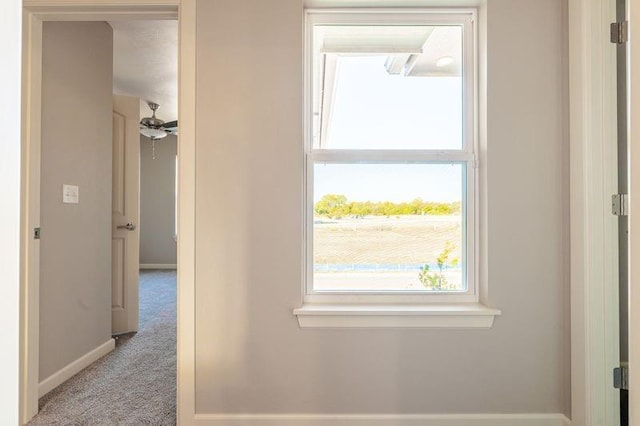 hallway with light colored carpet