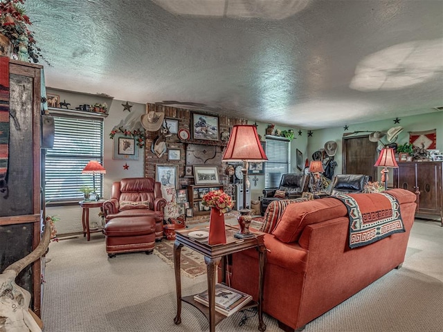 living room with light carpet and a textured ceiling