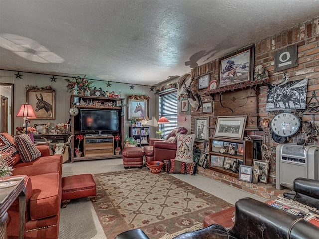 carpeted living room with a textured ceiling