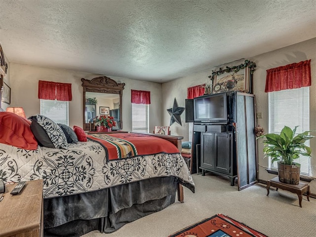 carpeted bedroom with a textured ceiling and multiple windows