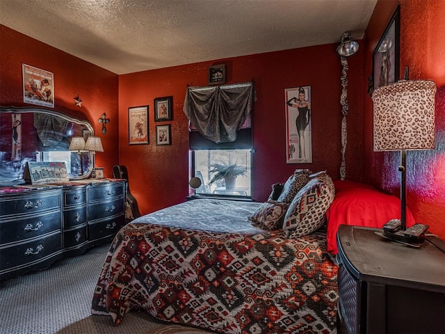 carpeted bedroom with a textured ceiling