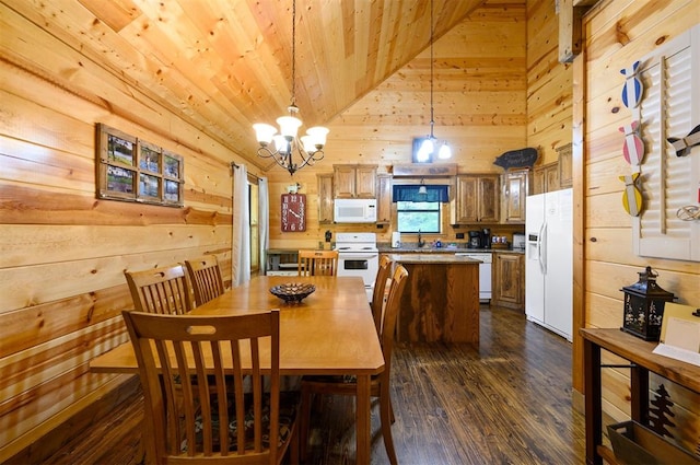 dining area featuring wood walls, dark hardwood / wood-style flooring, wooden ceiling, and an inviting chandelier