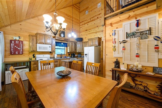 dining room featuring sink, dark hardwood / wood-style flooring, high vaulted ceiling, wood walls, and a chandelier