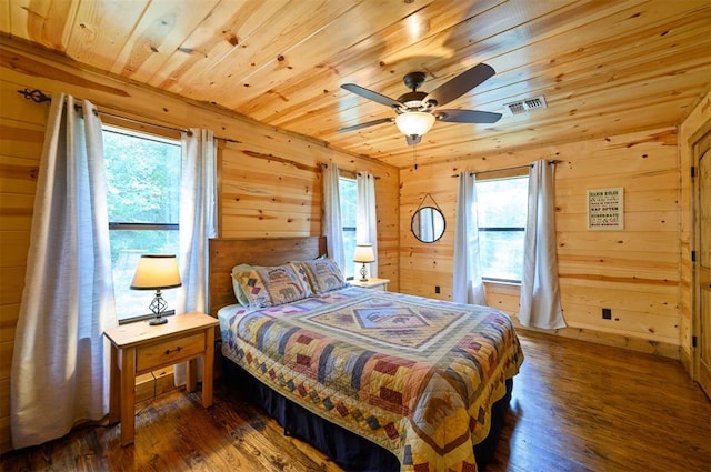 bedroom featuring ceiling fan, wooden ceiling, dark wood-type flooring, and wooden walls