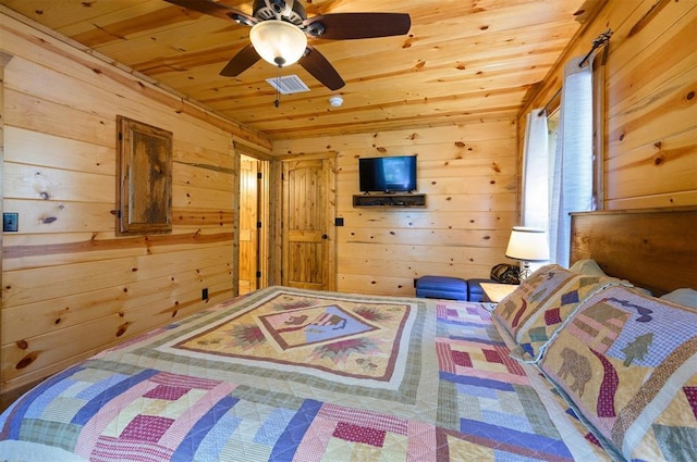 bedroom featuring ceiling fan, wood walls, and wooden ceiling