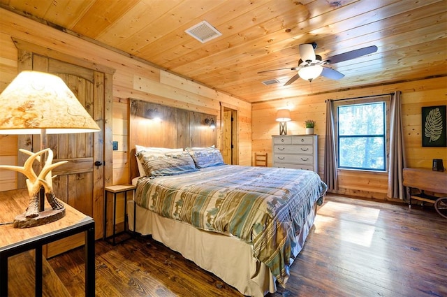 bedroom featuring wooden walls, wooden ceiling, ceiling fan, and dark wood-type flooring