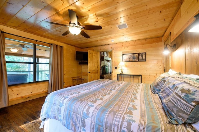 bedroom featuring wooden walls, dark hardwood / wood-style flooring, ceiling fan, and wooden ceiling