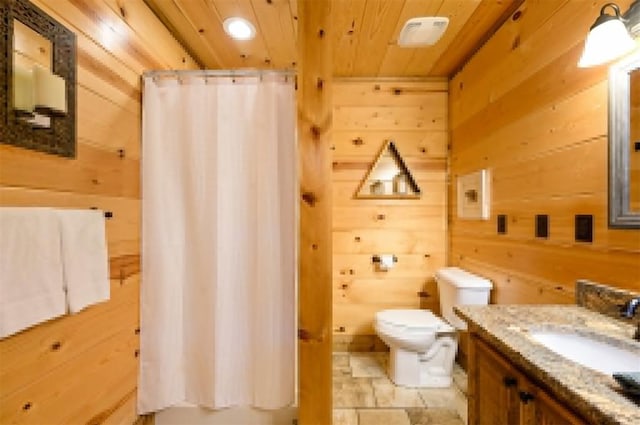 bathroom featuring wood walls, vanity, wood ceiling, and toilet