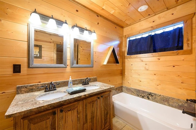 bathroom featuring tile patterned floors, a bathtub, vanity, wooden walls, and wooden ceiling