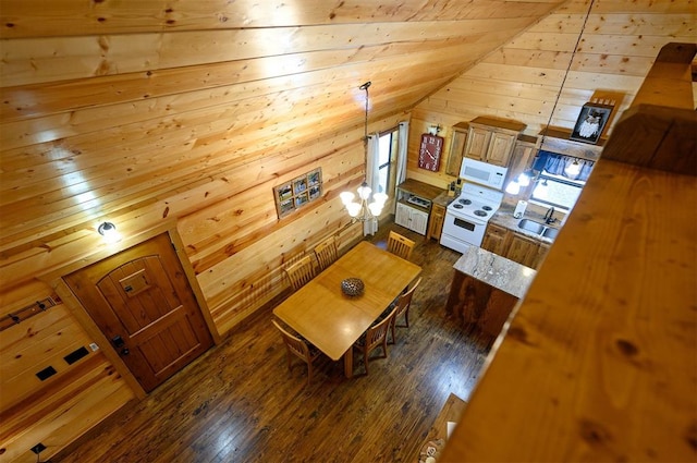 unfurnished dining area featuring dark hardwood / wood-style flooring, sink, wooden walls, and vaulted ceiling