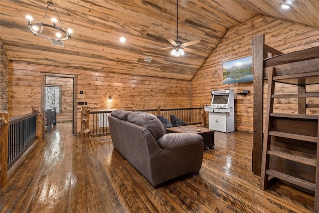 living room with ceiling fan, high vaulted ceiling, dark hardwood / wood-style floors, wood walls, and wood ceiling