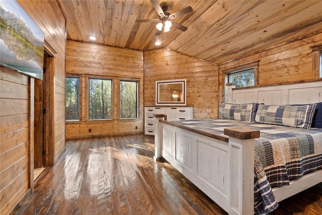 unfurnished bedroom with dark hardwood / wood-style floors, wood walls, wood ceiling, and lofted ceiling