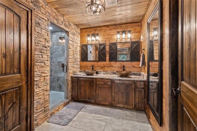 bathroom featuring wooden walls, wood ceiling, and walk in shower