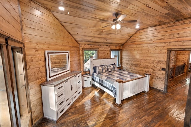 bedroom featuring wood walls, dark wood-type flooring, vaulted ceiling, and wooden ceiling