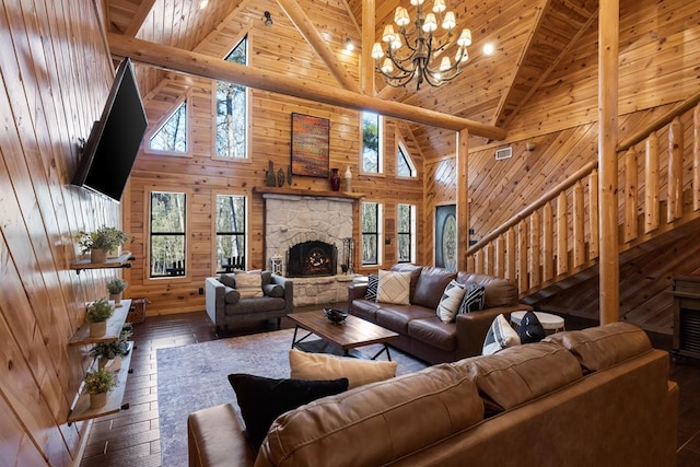 living room featuring wooden walls, wooden ceiling, and high vaulted ceiling