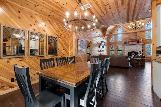 dining room with dark hardwood / wood-style flooring, wooden walls, wooden ceiling, a notable chandelier, and a fireplace