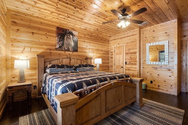 bedroom featuring wood walls, ceiling fan, dark hardwood / wood-style floors, and wooden ceiling