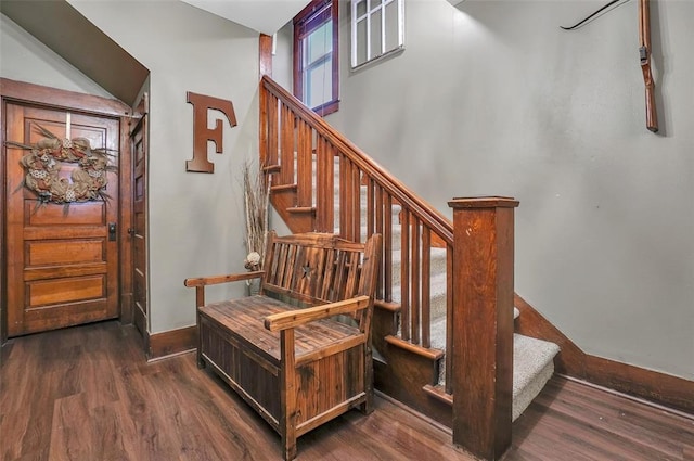 staircase with hardwood / wood-style flooring