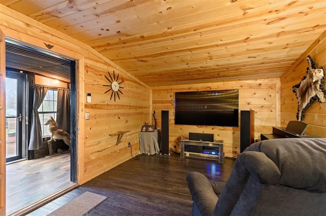 living room featuring wood-type flooring, wooden walls, lofted ceiling, and wood ceiling