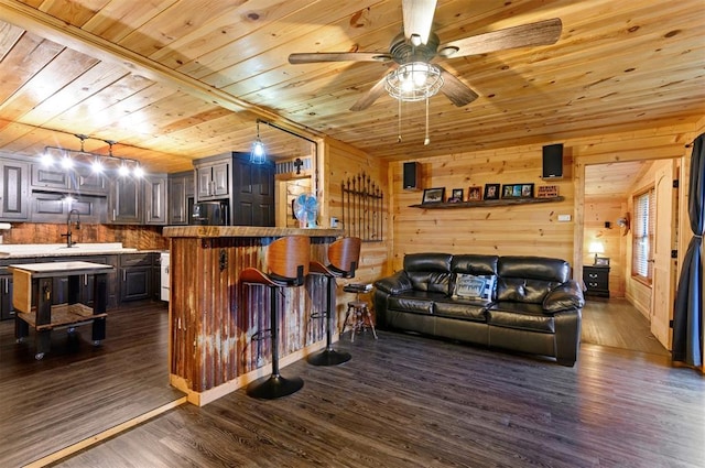 living room featuring wood ceiling, ceiling fan, dark wood-type flooring, sink, and wooden walls