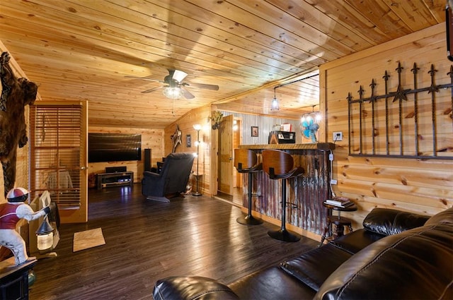 living room with wood ceiling, ceiling fan, wooden walls, dark wood-type flooring, and lofted ceiling