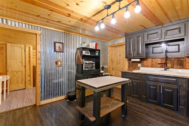 kitchen with wood walls, dark hardwood / wood-style flooring, and wood ceiling