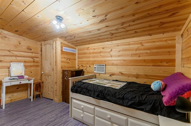 bedroom featuring wood-type flooring, lofted ceiling, wooden ceiling, and wooden walls