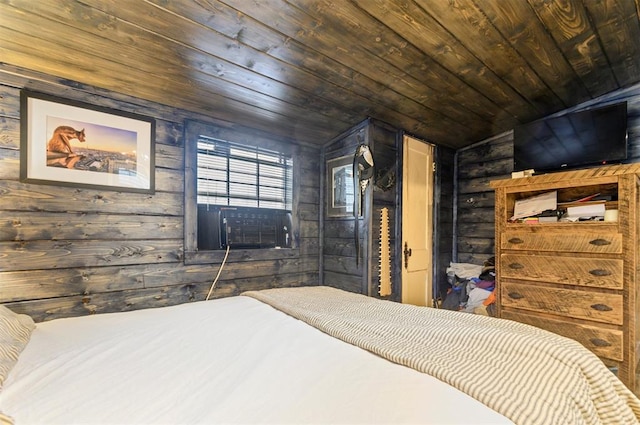 bedroom featuring wood walls, cooling unit, and wood ceiling