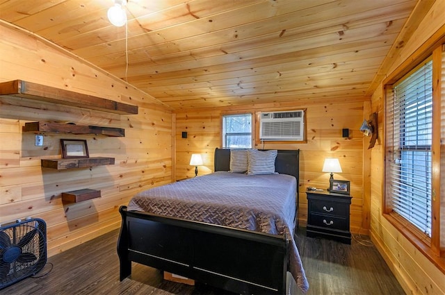 bedroom featuring lofted ceiling, wooden ceiling, dark wood-type flooring, and wood walls