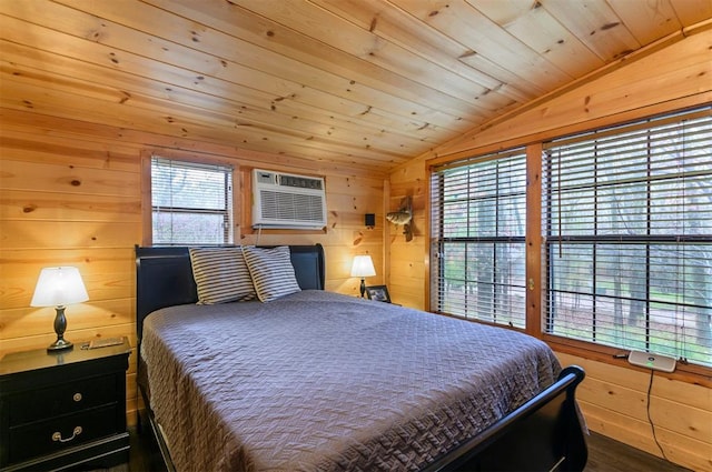 bedroom with vaulted ceiling, a wall mounted AC, wooden ceiling, dark hardwood / wood-style floors, and wood walls