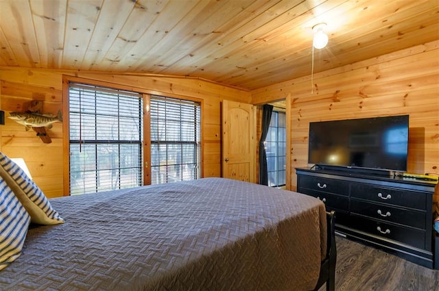 bedroom with wooden ceiling, lofted ceiling, dark hardwood / wood-style floors, and wooden walls