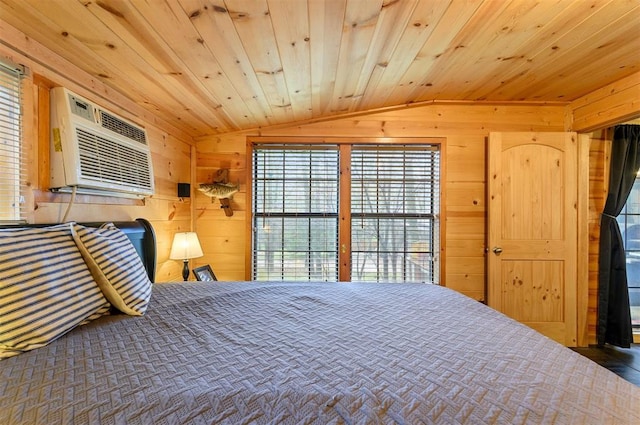 bedroom with lofted ceiling, wooden ceiling, and wooden walls