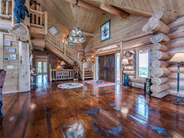 foyer featuring wooden ceiling, beam ceiling, and hardwood / wood-style floors